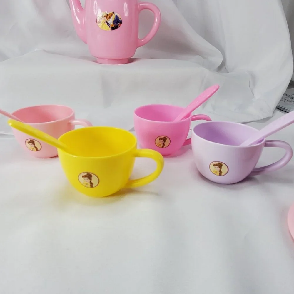Disney Princess Belle & Beast Childs Play Tea Set Cups Saucers Teapot Spoons - Picture 10 of 12